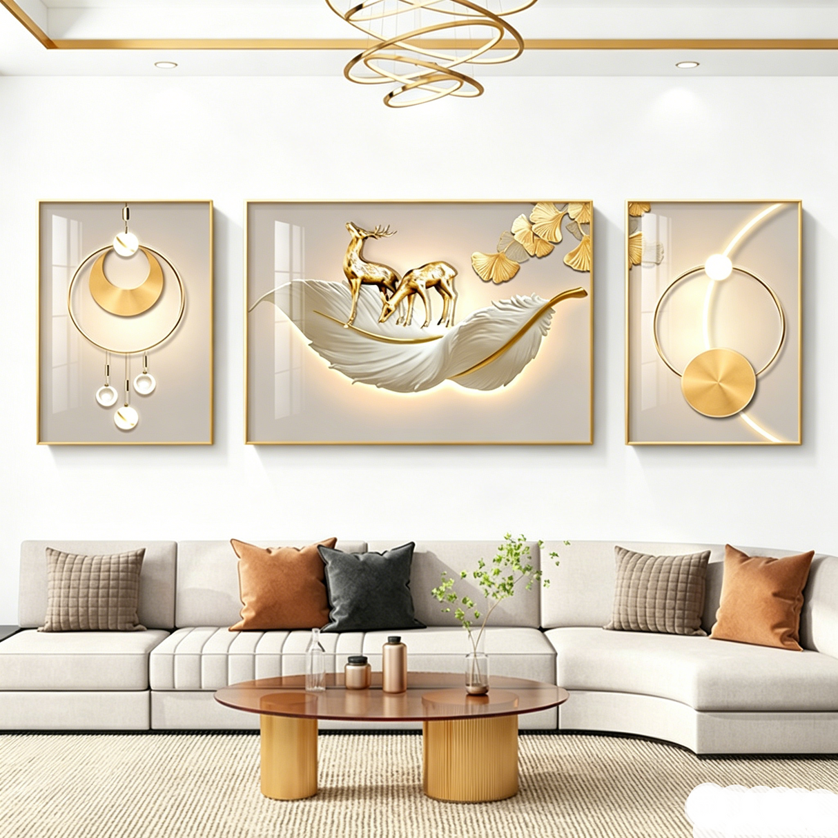 Modern Light Luxury Sofa Background Wall Painting Three-panel Feather Mural for Living Room