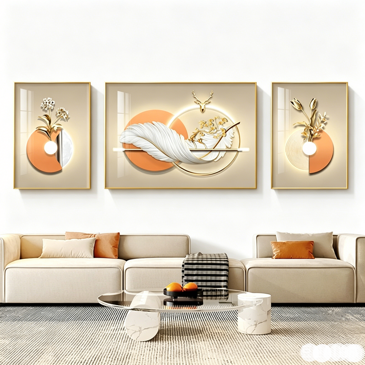 Modern Light Luxury Sofa Background Wall Painting Three-panel Feather Mural for Living Room