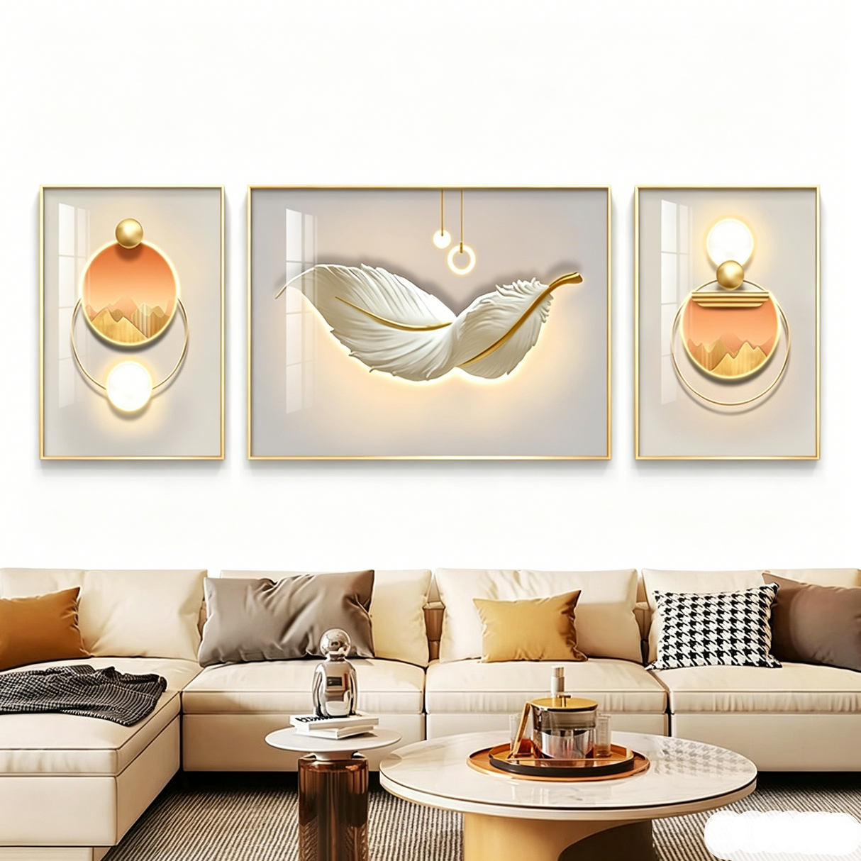 Modern Light Luxury Sofa Background Wall Painting Three-panel Feather Mural for Living Room