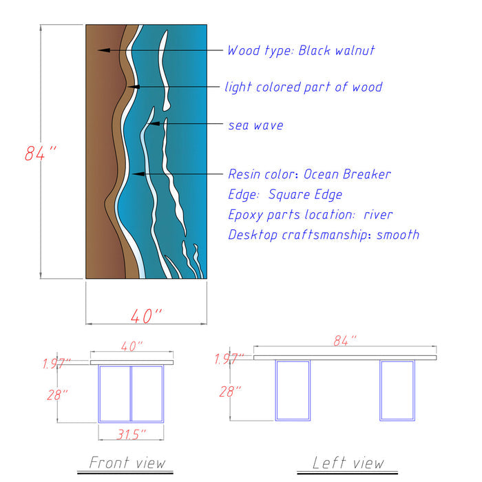 Custom Black Walnut Epoxy Ocean Waves Table for Dining Room BRT-54