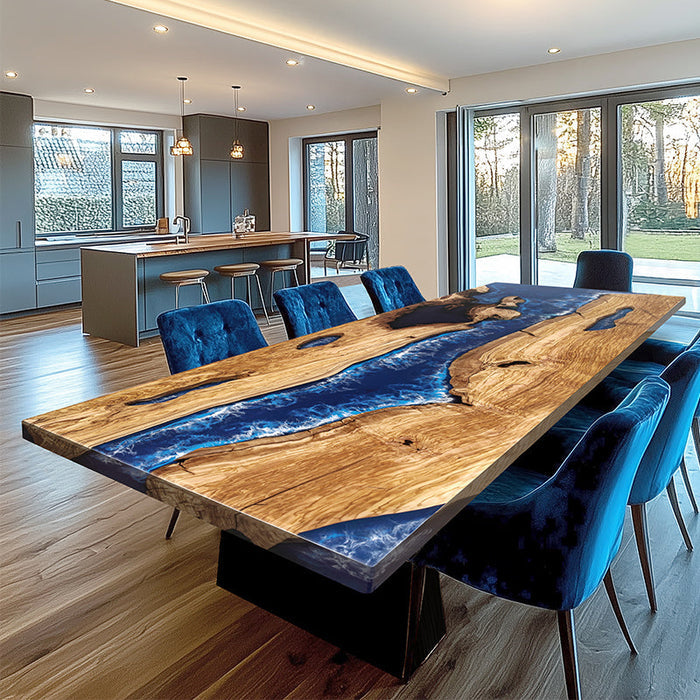Custom Olive Blue Waves Epoxy Resin River Dining Table ORT-59