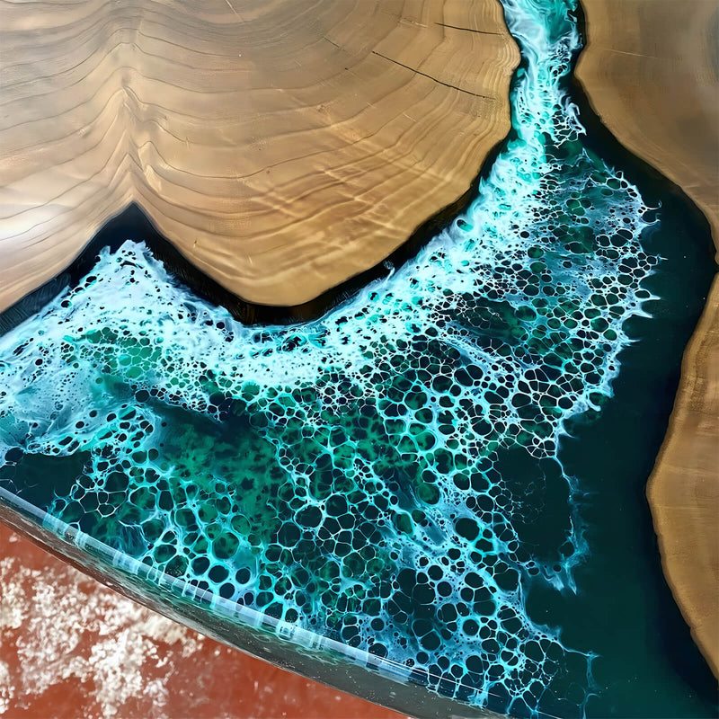 Custom Black Walnut Epoxy Resin River Round Coffee Table Blue Waves CRT-01