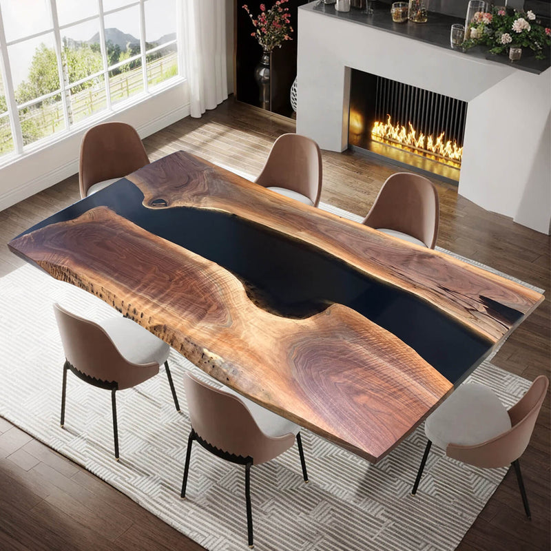 Custom Walnut Epoxy Resin River Table Black Resin WRT-68