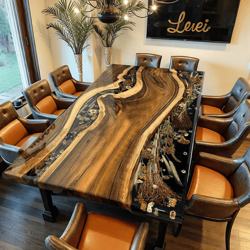 Custom Black Walnut Epoxy Resin Flower Table Black Resin BRT-06