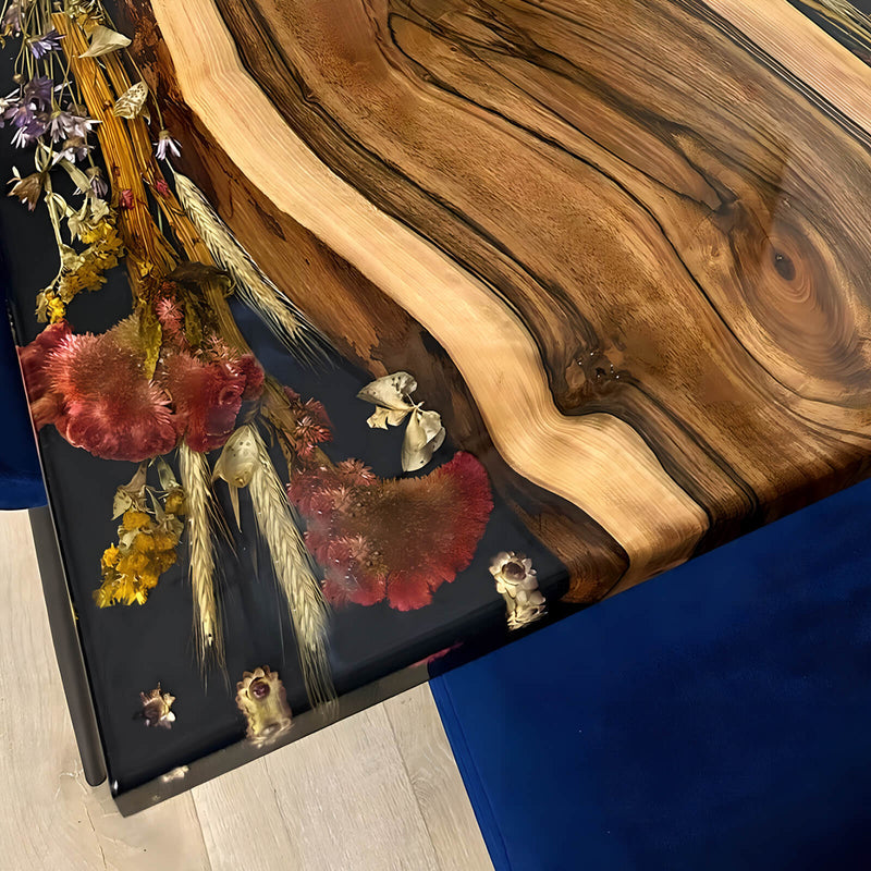 Custom Black Walnut Epoxy Resin Flower Table Black Resin BRT-06