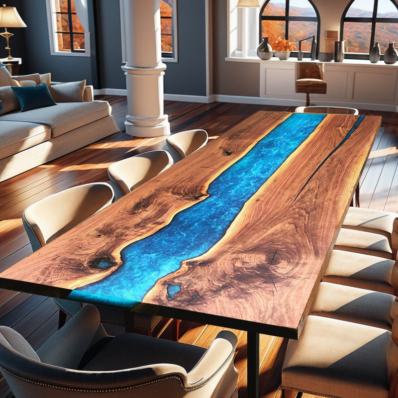 Custom Black Walnut Epoxy Resin River Table Blue Pearl BRT-61
