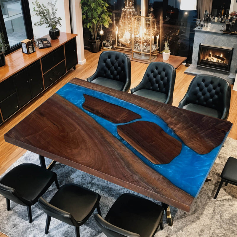 Custom Black Walnut Epoxy Resin River Table Blue Resin BRT-07
