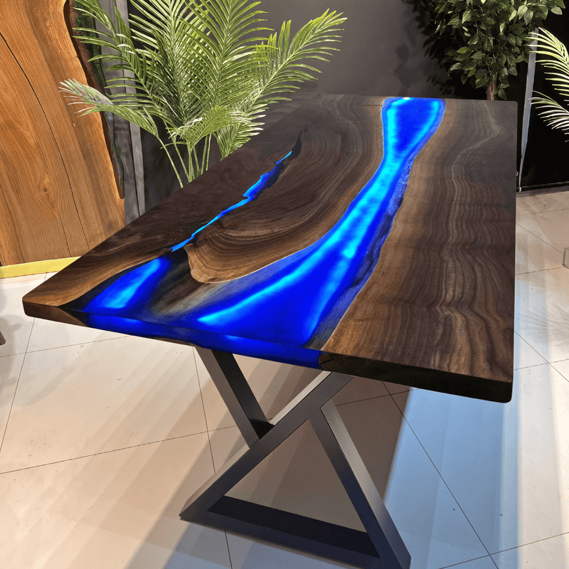 Custom Black Walnut Epoxy Resin River Table Blue Resin With Led Lights BRT-03