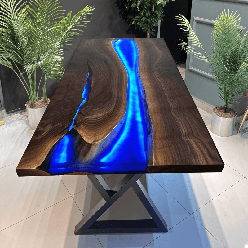 Custom Black Walnut Epoxy Resin River Table Blue Resin With Led Lights BRT-03