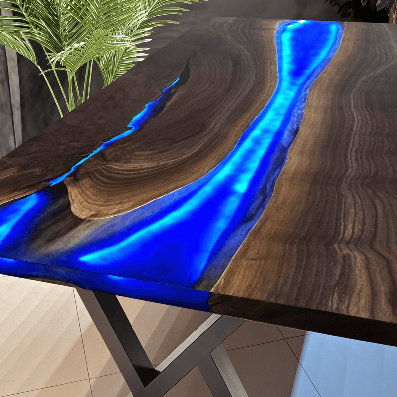 Custom Black Walnut Epoxy Resin River Table Blue Resin With Led Lights BRT-03