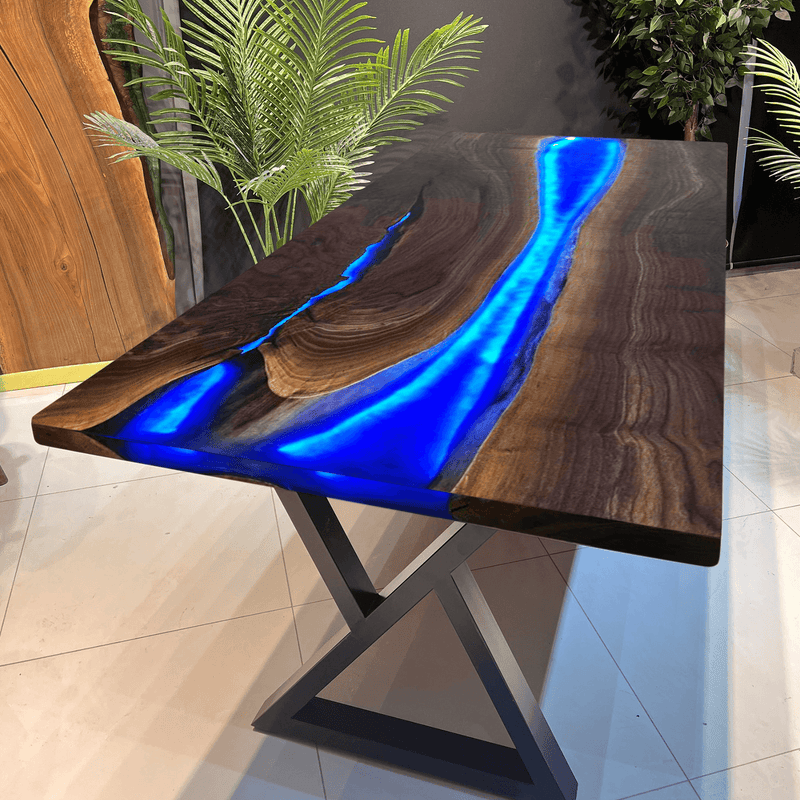 Custom Black Walnut Epoxy Resin River Table Blue Resin With Led Lights BRT-03