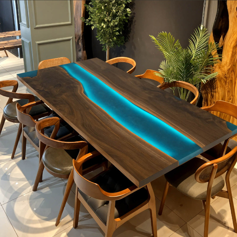 Custom Black Walnut Epoxy Resin River Table Blue Resin With Led Lights BRT-04