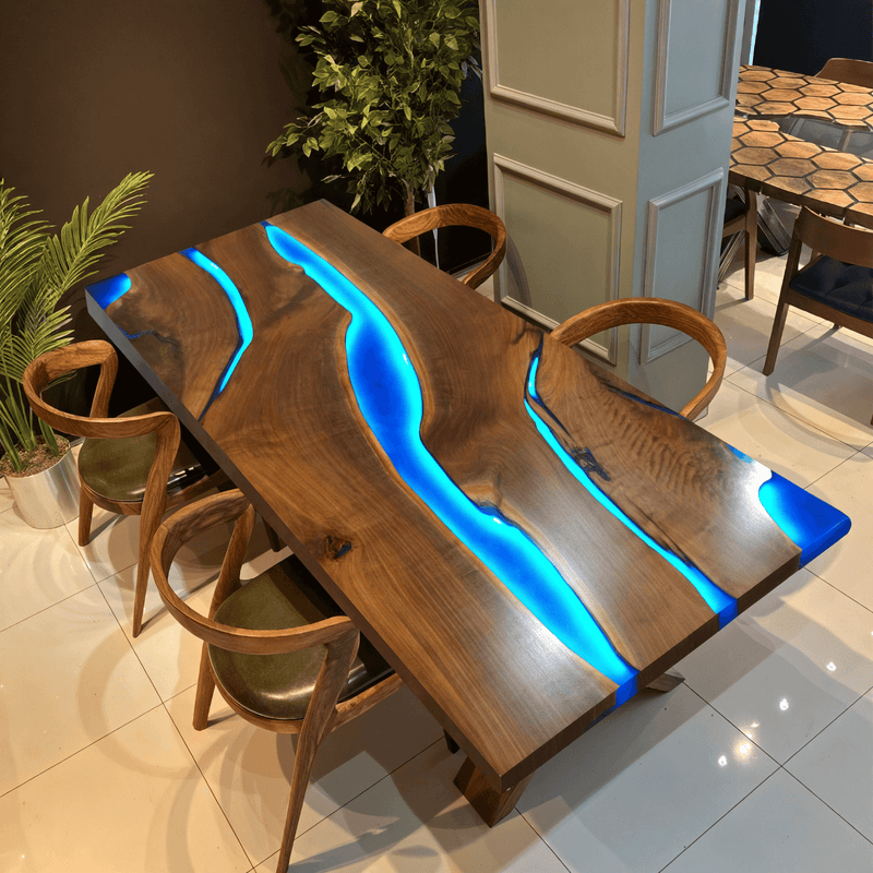Custom Black Walnut Epoxy Resin River Table Blue Resin With Led Lights BRT-05