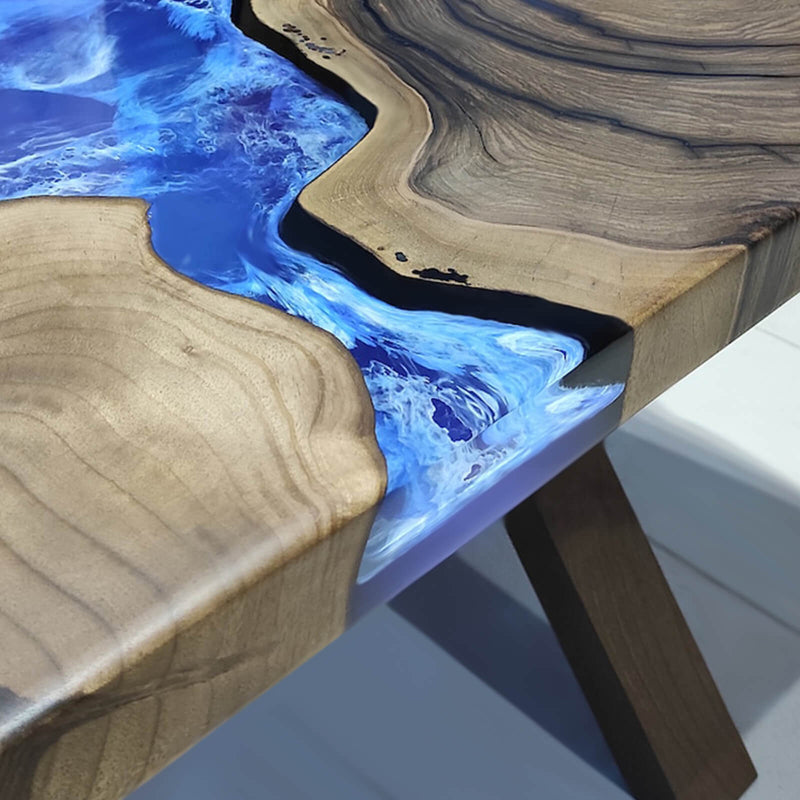 Custom Black Walnut Epoxy Resin River Table Blue Waves BRT-69