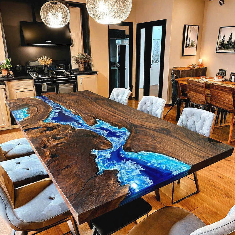 Custom Black Walnut Epoxy Resin River Table Blue Waves BRT-26