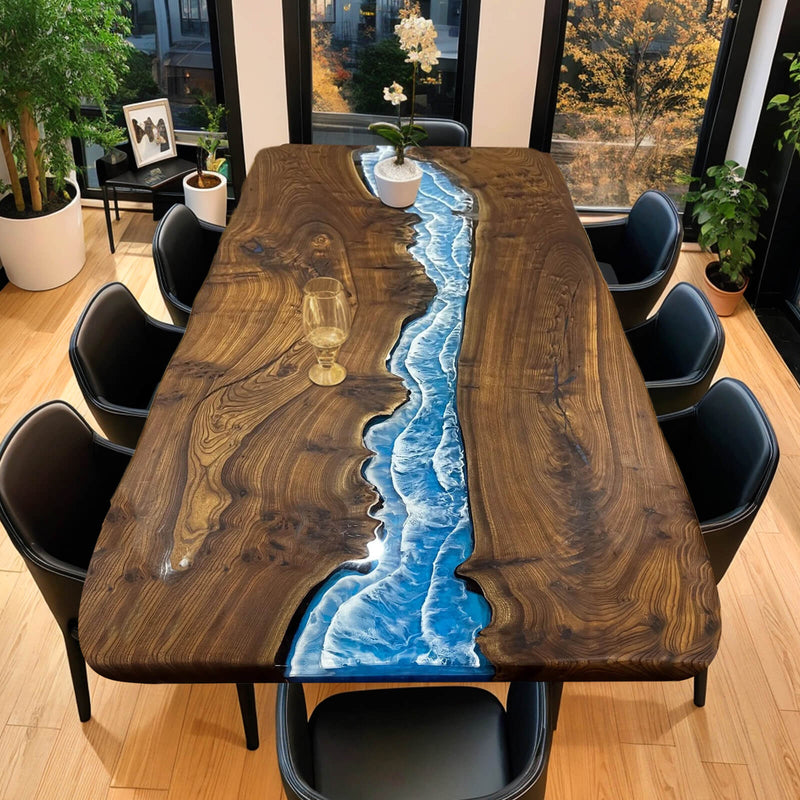 Custom Black Walnut Epoxy Resin River Table Blue Waves BRT-83