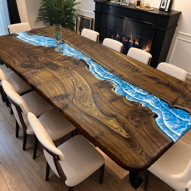 Custom Black Walnut Epoxy Resin River Table Blue Waves BRT-83