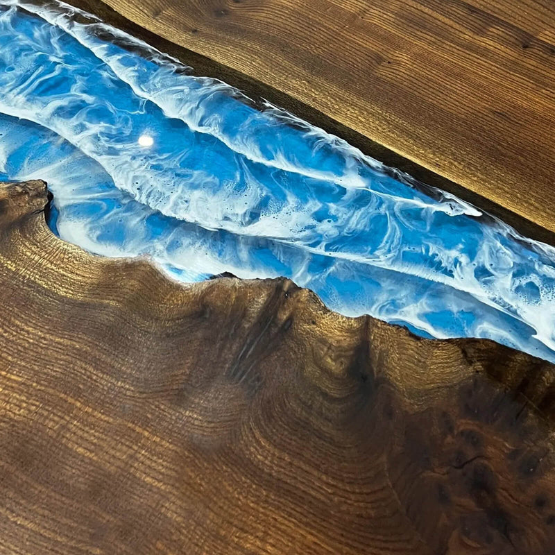 Custom Black Walnut Epoxy Resin River Table Blue Waves BRT-83