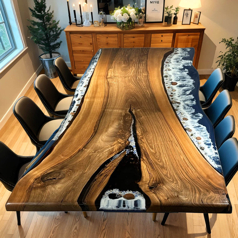 Custom Walnut Epoxy Resin River Table Blue Waves WRT-21
