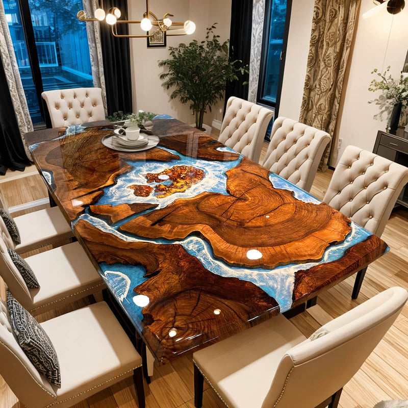 Custom Black Walnut Epoxy Resin River Table Blue Waves BRT-68