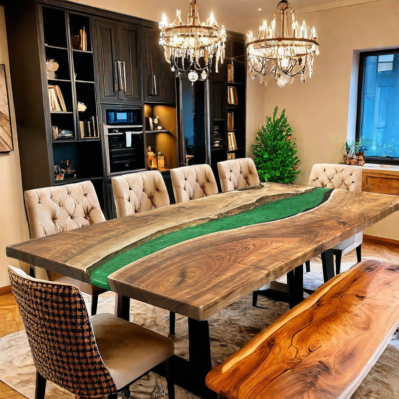 Custom Walnut Epoxy Resin River Table Green Pearl WRT-62