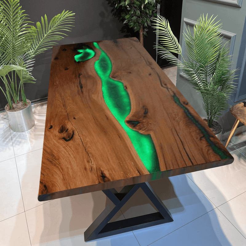 Custom Black Walnut Epoxy Resin River Table Green Resin With Led Lights BRT-01