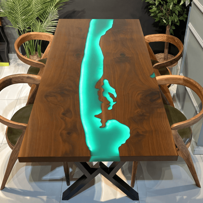 Custom Black Walnut Epoxy Resin River Table Green Resin With Led Lights BRT-02