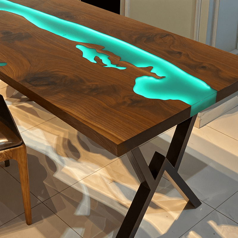 Custom Black Walnut Epoxy Resin River Table Green Resin With Led Lights BRT-02