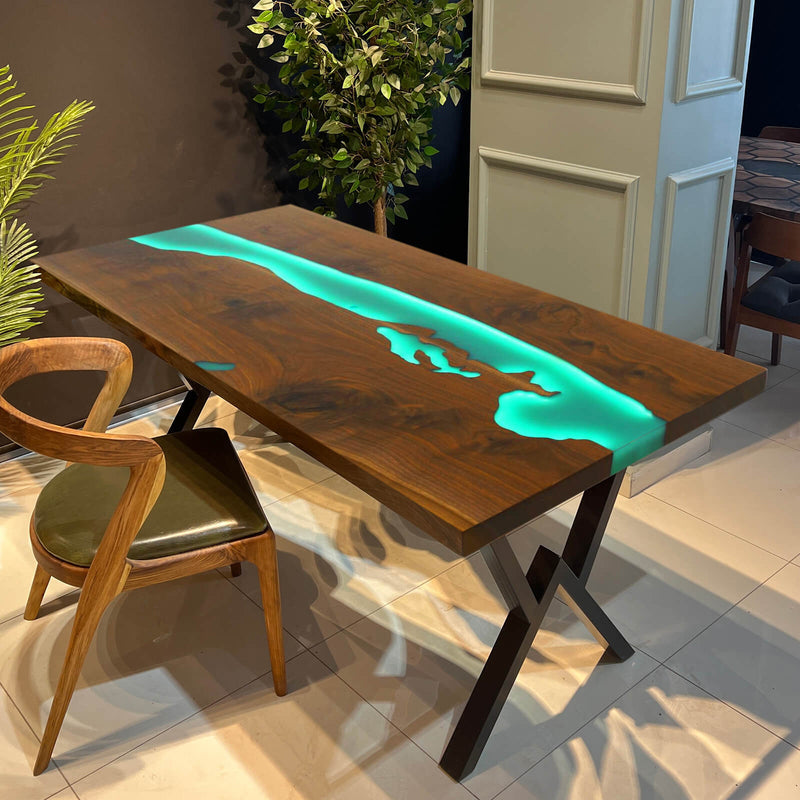 Custom Black Walnut Epoxy Resin River Table Green Resin With Led Lights BRT-02