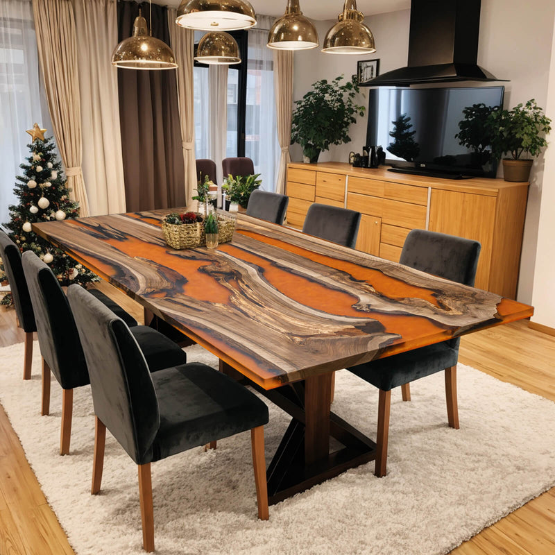 Custom Black Walnut Epoxy Resin River Table Orange Resin BRT-77
