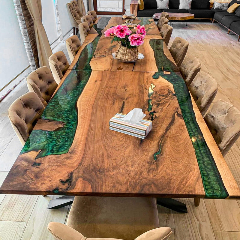 Custom Walnut Epoxy Resin River Table Pearl Green WRT-74