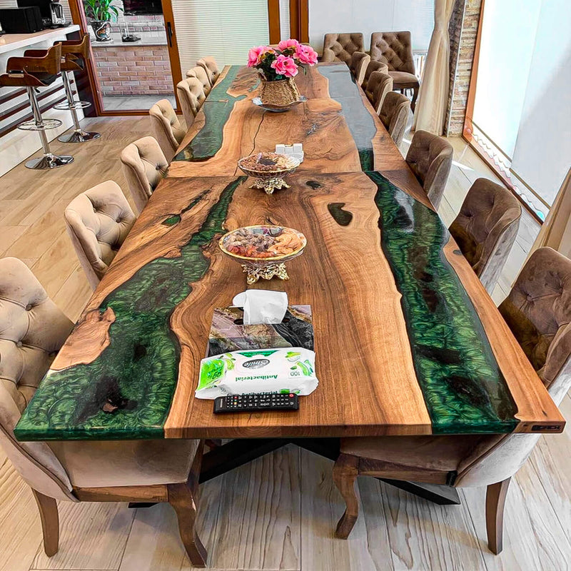 Custom Walnut Epoxy Resin River Table Pearl Green WRT-74
