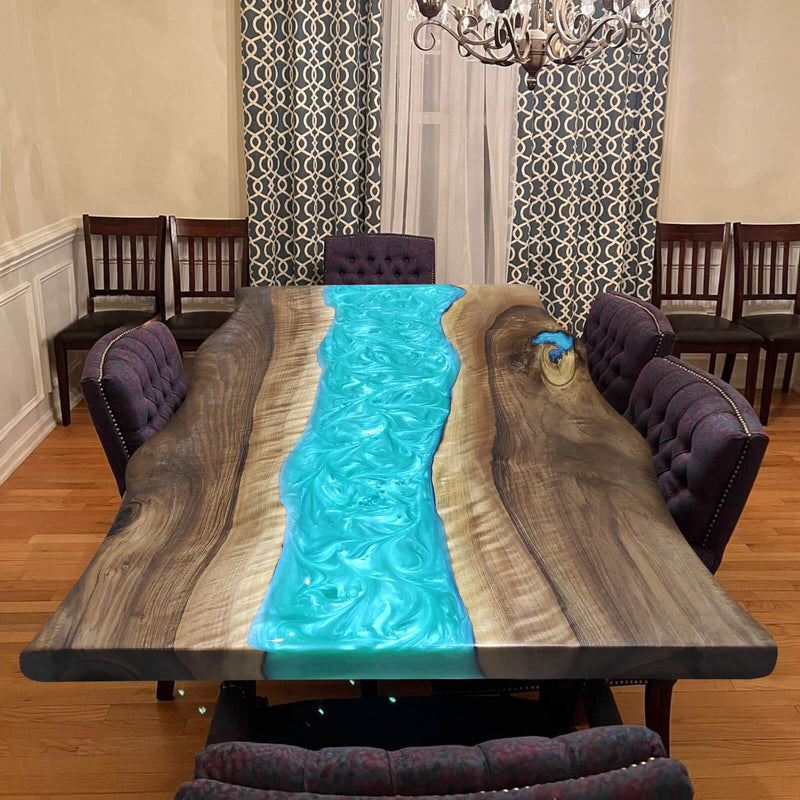 Custom Black Walnut Epoxy Resin River Table Pearl Green BRT-36
