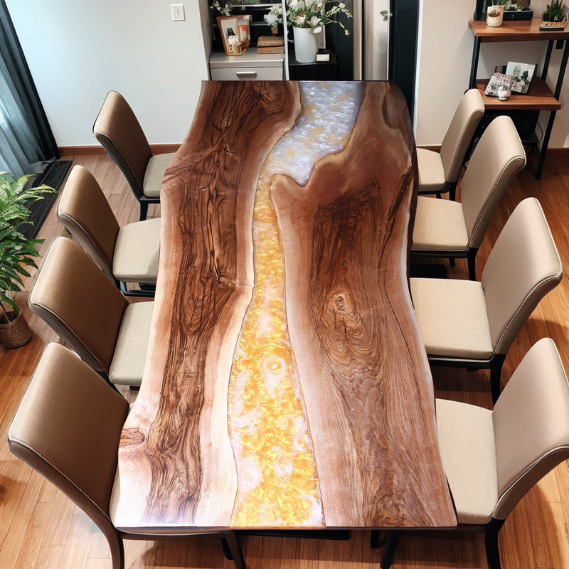 Custom Walnut Epoxy Resin River Table White and Gold Resin WRT-23