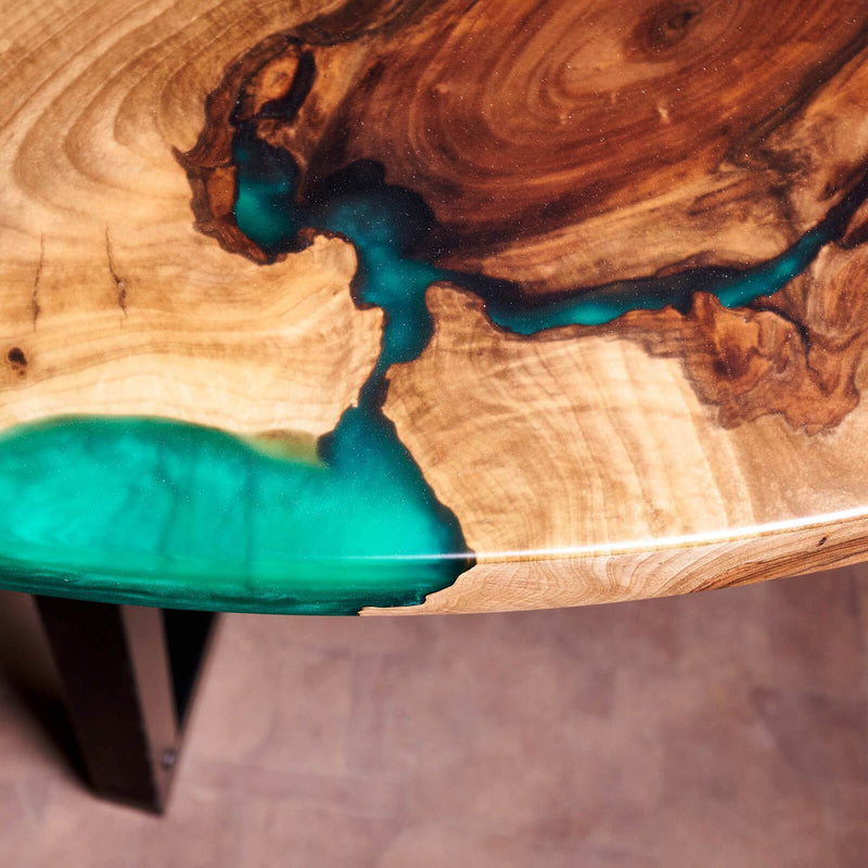 Custom Black Walnut Epoxy Resin Round Coffee Table Blue Green Waves CRT-61