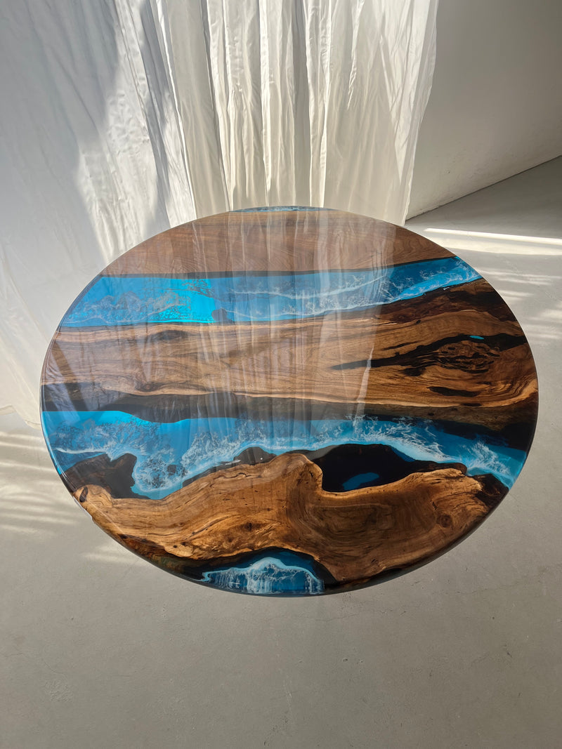 Custom Black Walnut Epoxy Resin Round Coffee Table Blue Resin CRT-71