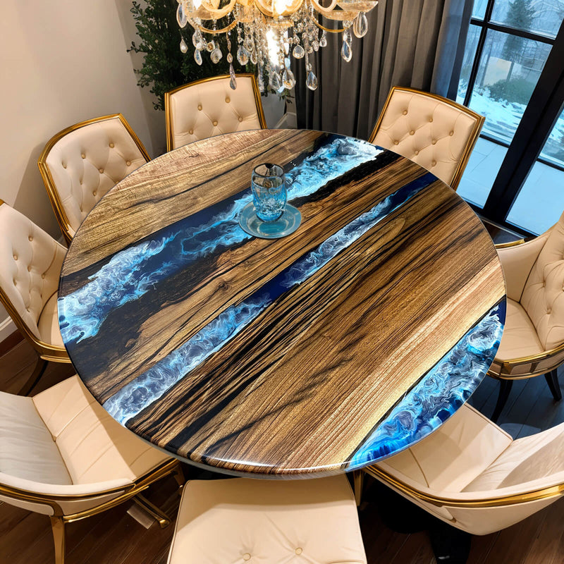Custom Black Walnut Epoxy Resin Round Coffee Table Blue Resin CRT-71