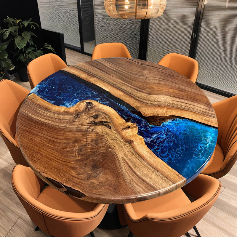 Custom Black Walnut Epoxy Resin Round Coffee Table Blue Resin CRT-73