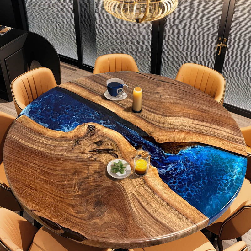 Custom Black Walnut Epoxy Resin Round Coffee Table Blue Resin CRT-73