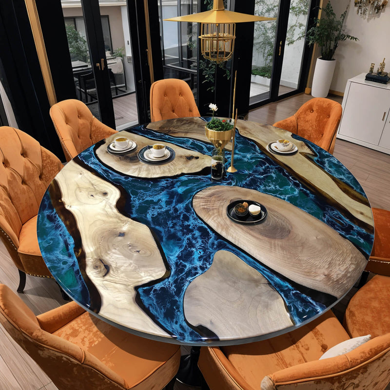 Custom Black Walnut Epoxy Resin Round Coffee Table Blue Resin CRT-75