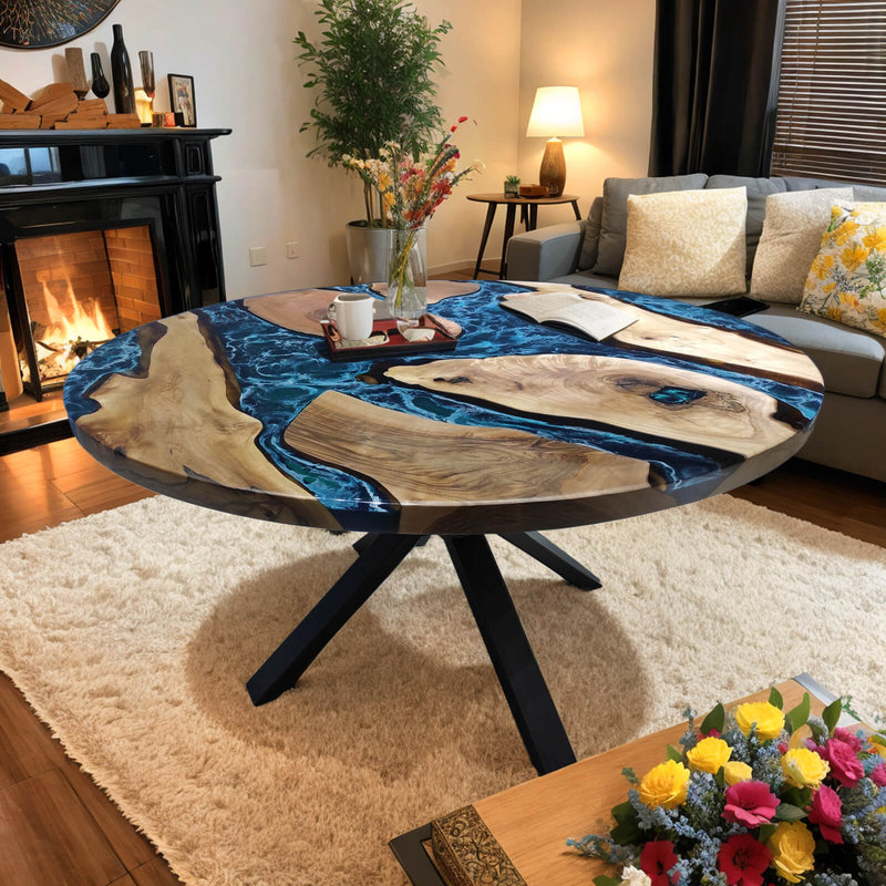 Custom Black Walnut Epoxy Resin Round Coffee Table Blue Resin CRT-75