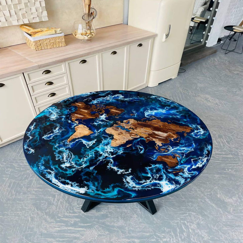 Custom Black Walnut Epoxy Resin Round Coffee Table Blue Waves CRT-77