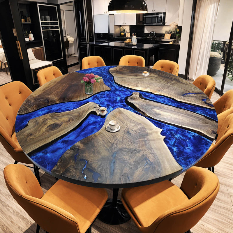 Custom Black Walnut Epoxy Resin Round Coffee Table Blue Waves CRT-76