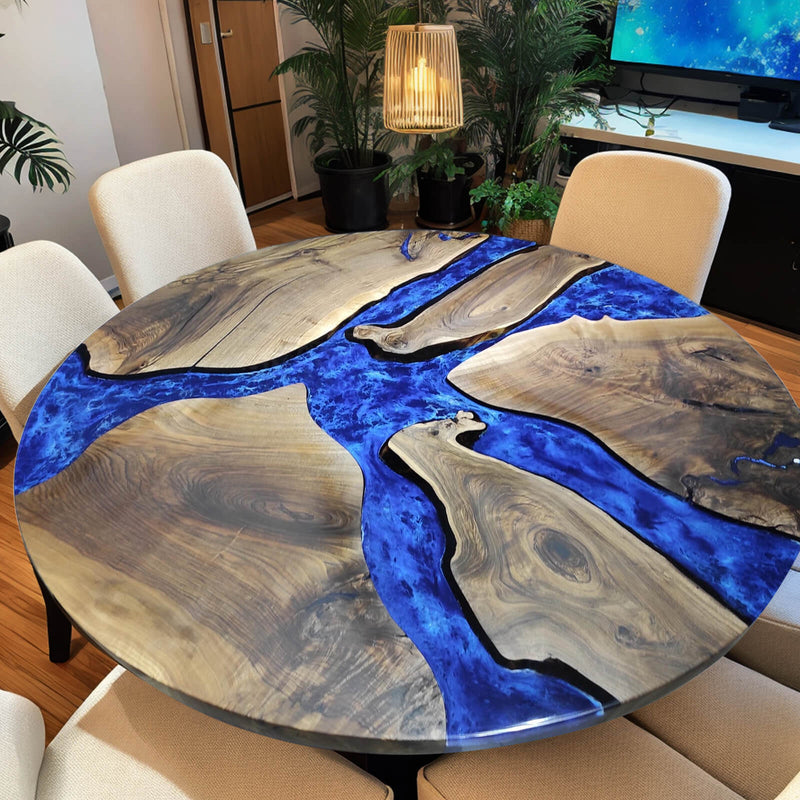 Custom Black Walnut Epoxy Resin Round Coffee Table Blue Waves CRT-76