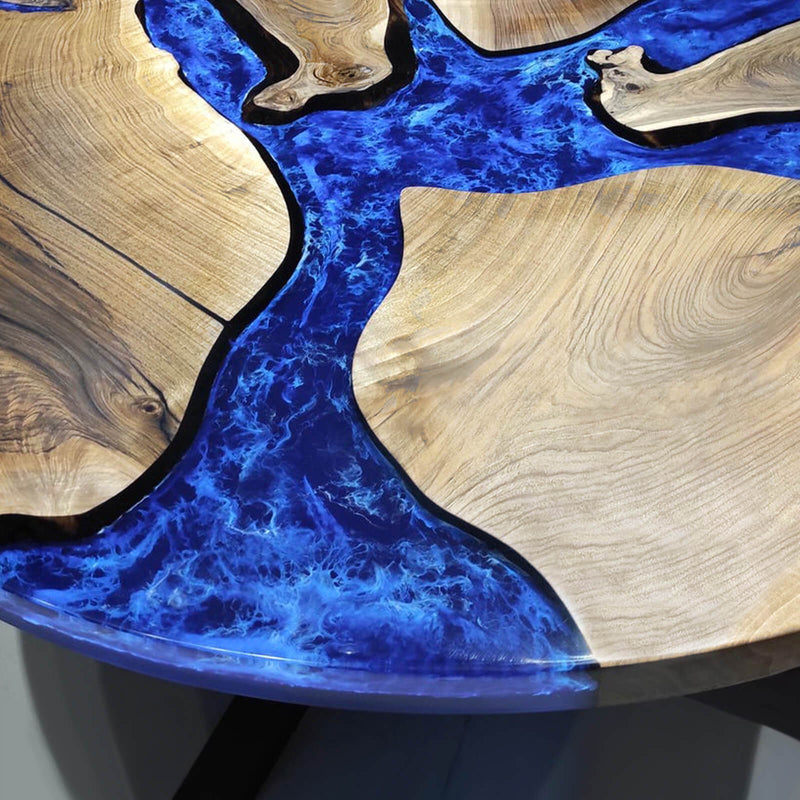 Custom Black Walnut Epoxy Resin Round Coffee Table Blue Waves CRT-76