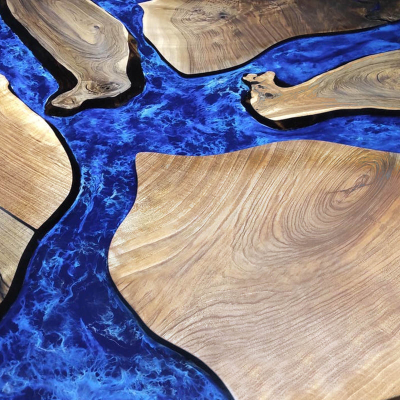 Custom Black Walnut Epoxy Resin Round Coffee Table Blue Waves CRT-76