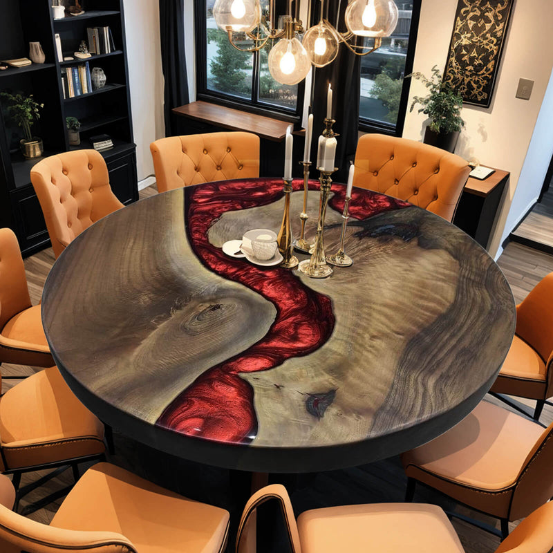 Custom Black Walnut Epoxy Resin Round Coffee Table Red Resin CRT-02