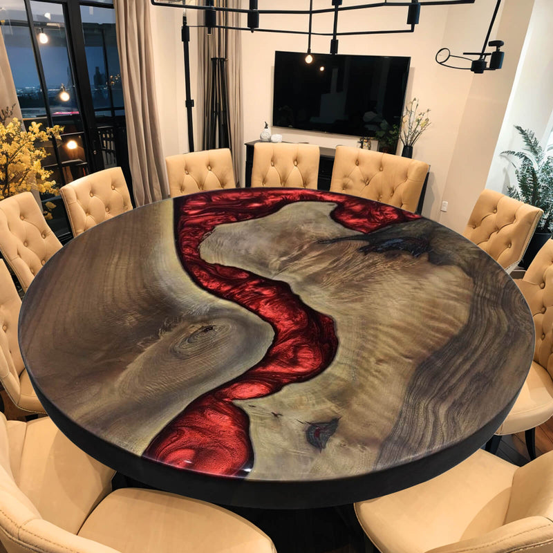 Custom Black Walnut Epoxy Resin Round Coffee Table Red Resin CRT-02