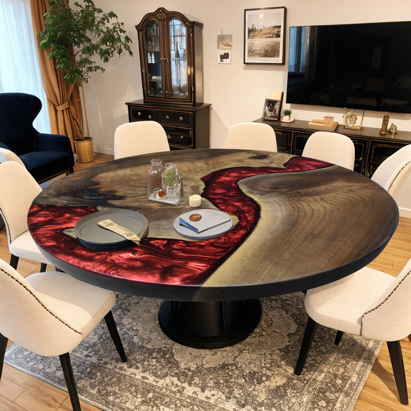 Custom Black Walnut Epoxy Resin Round Coffee Table Red Resin CRT-02