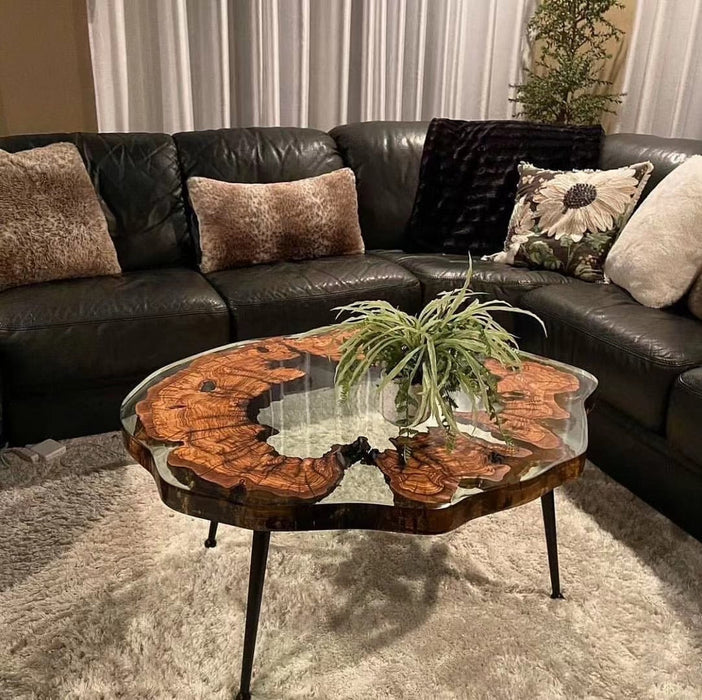 Custom Natural Burl Epoxy Round Coffee Table Transparent Resin CRT-12
